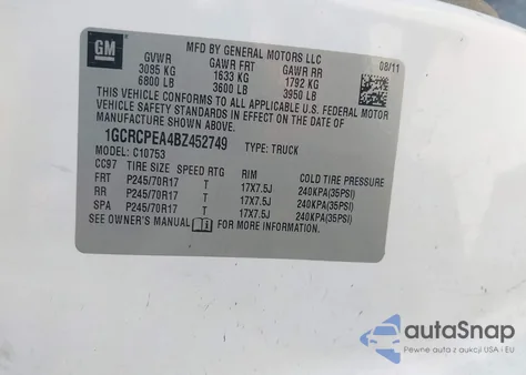 2011 Chevrolet Silverado 1500 Work Truck from USA, damaged, VIN 1GCRCPEA4BZ452749